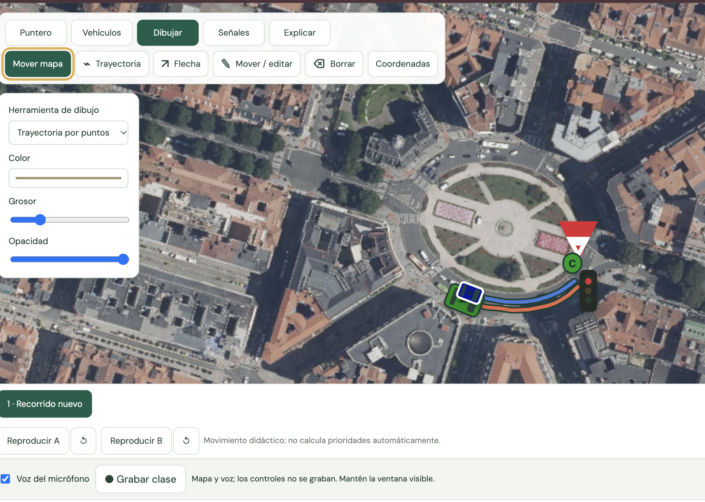 Demostración de pizarra vial con trayectorias, vehículos y señales sobre una ortofoto